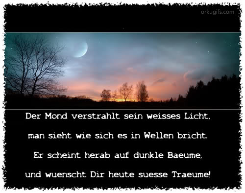 Der Mond verstrahlt sein weißes Licht, 
man sieht wie sich es in Wellen bricht. 
Er scheint herab auf dunkle Bäume 
und wünscht dir heute süße Träume!