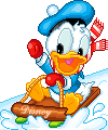 Baby Donald Duck riding a snow sled