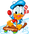 Bebê Pato Donald guiando trenó na neve