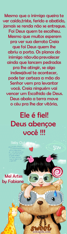 Mesmo que o inimigo queira te

ver caído, triste, ferido e abatido,

jamais se renda, não se entregue.

Foi Deus quem te escolheu.

Mesmo que muitos esperem

para ver a sua derrota creia

que foi Deus quem lhe 

abriu a porta. Os planos do

inimigo não vão prevalecer

ainda que lancem pedradas

para lhe atingir, se algo

indesejável te acontecer,

pode ter certeza, a mão do

Senhor vem para levantar

você. Creia, ninguém vai

vencer um Escolhido de Deus.

Deus abala a terra, move

o céu para lhe dá vitória,



Ele é fiel!

Deus abençoe você!!!