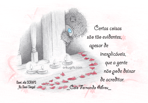 Certas coisas 
são tão evidentes, 
apesar de inexplicáveis, 
que a gente 
não pode deixar 
de acreditar.
(Caio Fernando Abreu)