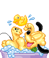 Bebê Pluto tomando banho