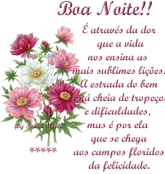 Boa Noite!! É através da dor que a vida nos ensina as mais sublimes lições. A estrada do bem está cheia de tropeços e dificuldades, mas é por ela que se chega aos campos floridos da felicidade.